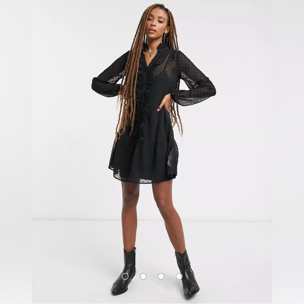 ASOS Black Ruffle Front Clip Dot Mini Dress